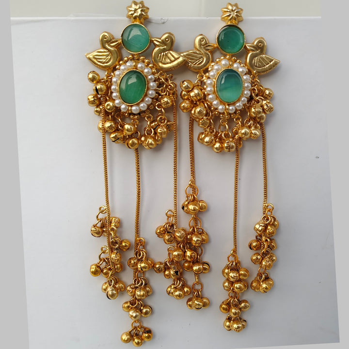 Viral Kashmiri Gold-Plated Long Jhumka Earrings with Mint Green Stones