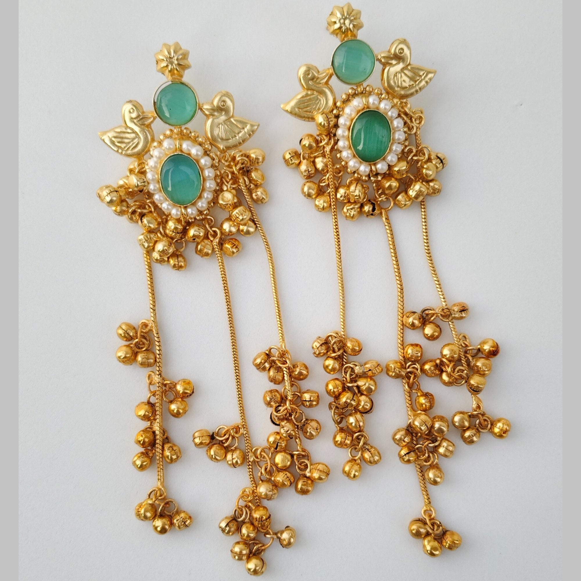 Viral Kashmiri Gold-Plated Long Jhumka Earrings with Mint Green Stones