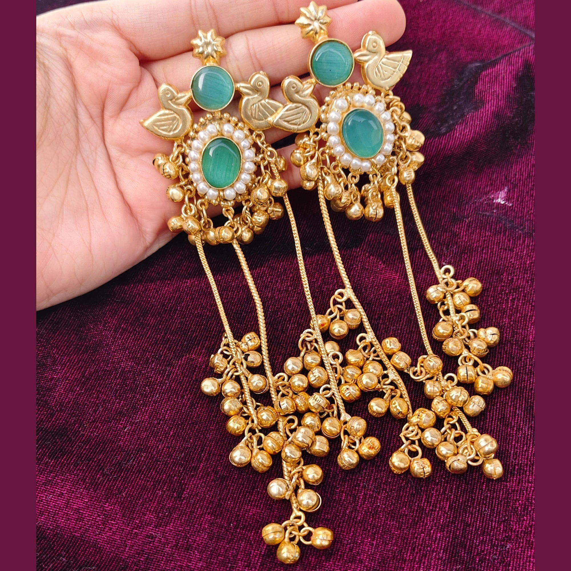 Viral Kashmiri Gold-Plated Long Jhumka Earrings with Mint Green Stones