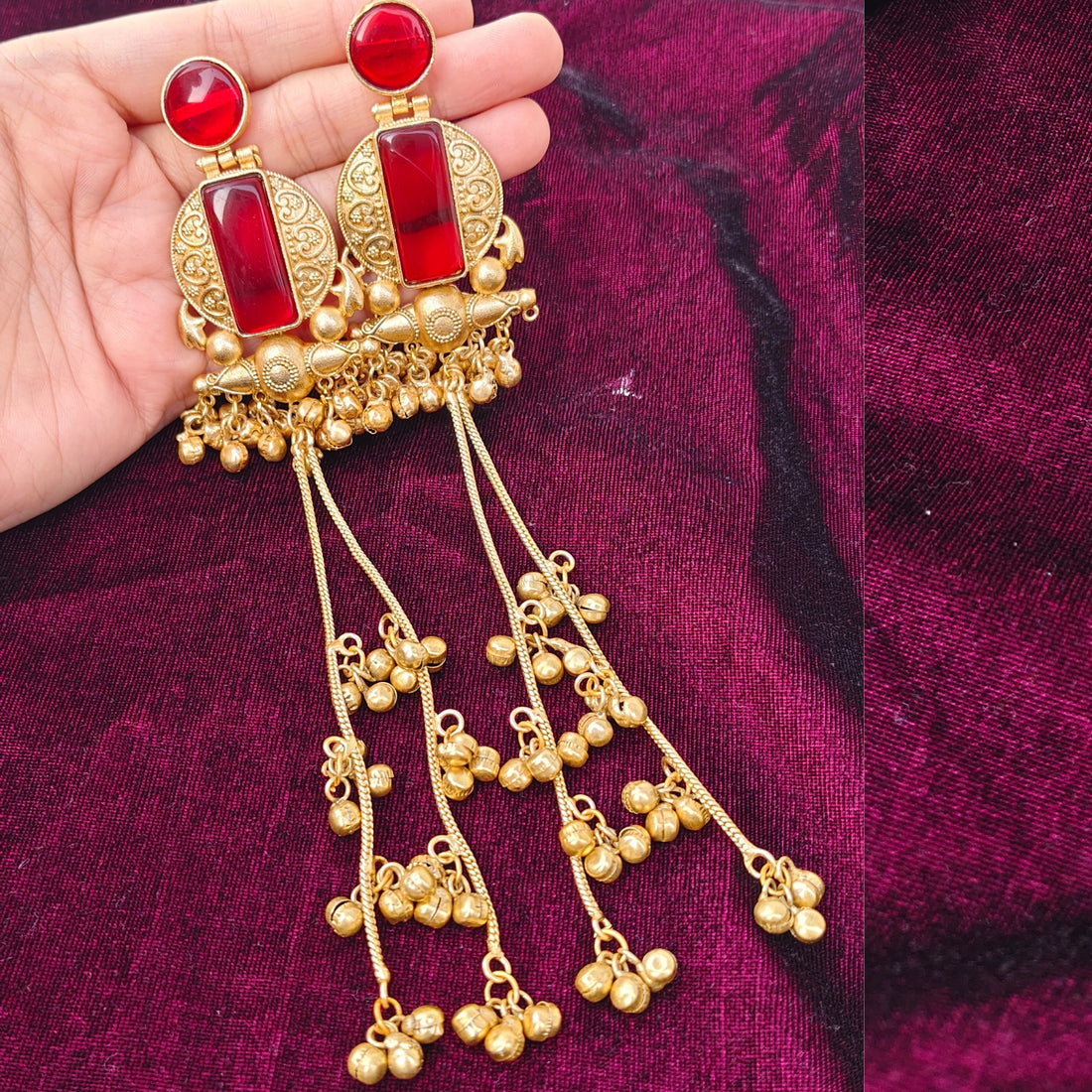 Viral Kashmiri Gold-Plated Jhumka Earrings with Red Stone