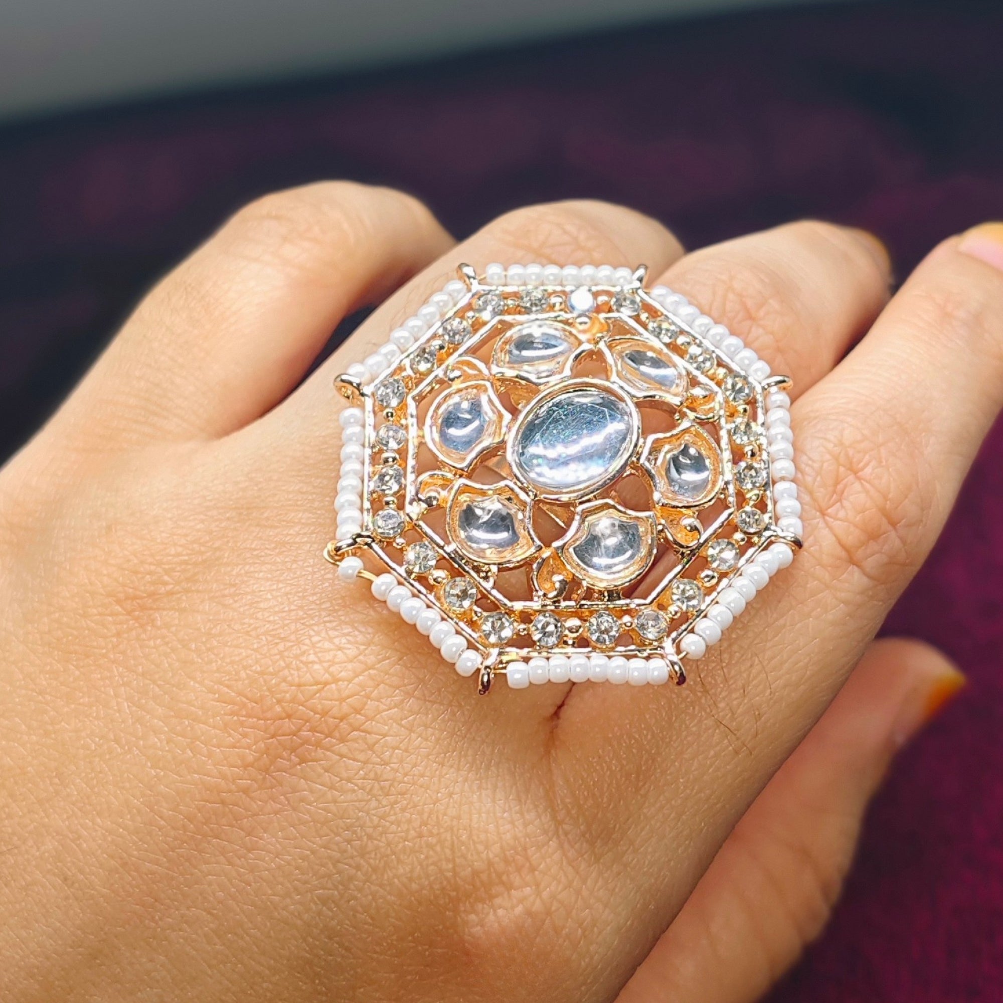 Kundan Statement Ring | Handcrafted Adjustable Bridal Jewelry
